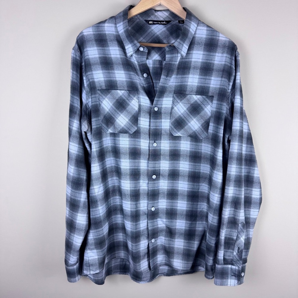 Travis Mathew Large Mens Flannel‎ Shirt Long Sleeve Grey Plaid Pattern Casual